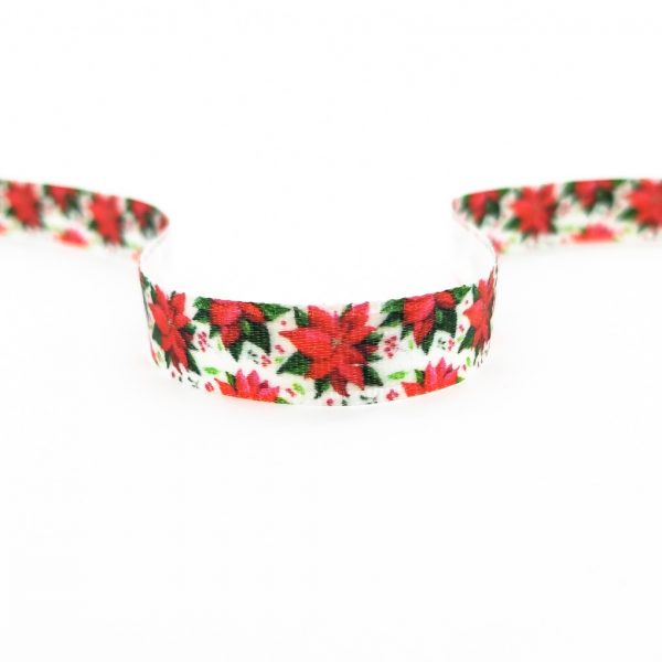Стрічка з друком атласна новорічна 8147356/10 червоні квіти