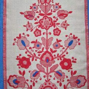 Вишиті червоними і синіми нитками квіти